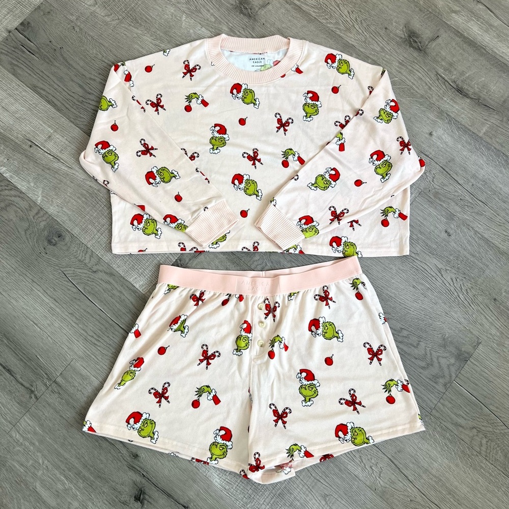 American Eagle AE-Grinch Christmas Pajamas PJ’s Shorts Set-Large-Pink